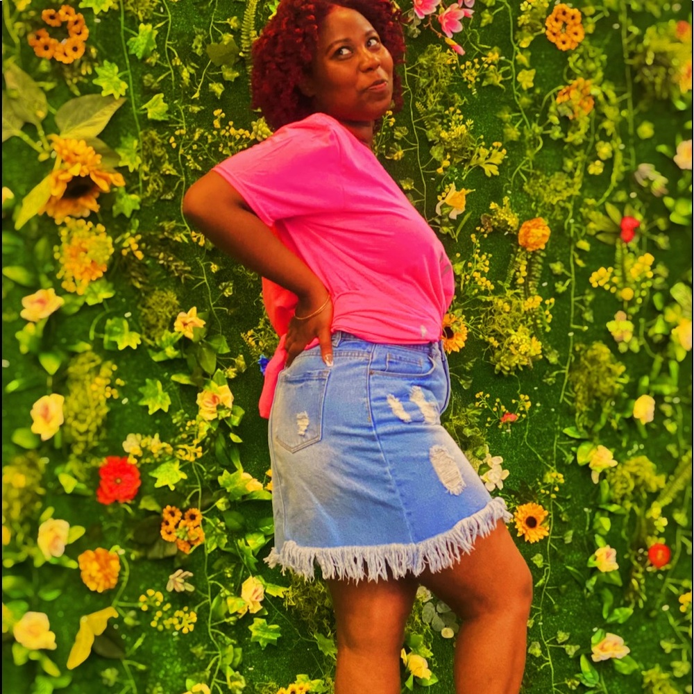 2 light blue, distressed, short denim skirts!